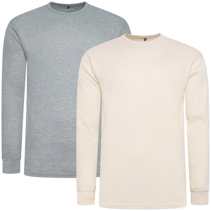 ONE Mens Waffle Knit Long Sleeve T-Shirt Cotton Crew Neck Casual Top | - Sleeve Detail - QHA UK