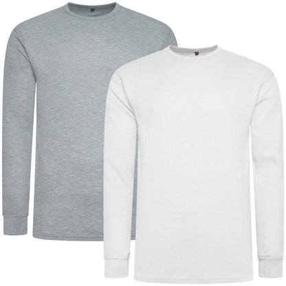 ONE Mens Waffle Knit Long Sleeve T-Shirt Cotton Crew Neck Casual Top | - Collar Detail - QHA UK