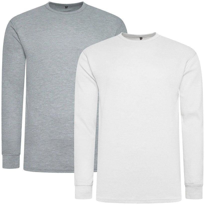 ONE Mens Waffle Knit Long Sleeve T-Shirt Cotton Crew Neck Casual Top | - Collar Detail - QHA UK