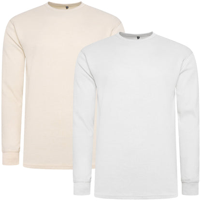 ONE Mens Waffle Knit Long Sleeve T-Shirt Cotton Crew Neck Casual Top | - Collar Detail - QHA UK