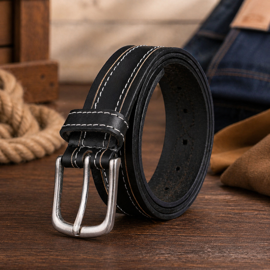 Outback Unisex Full Grain Leather Belt Contrast Stitch Stainless Steel - Texture Detail - QHA UK