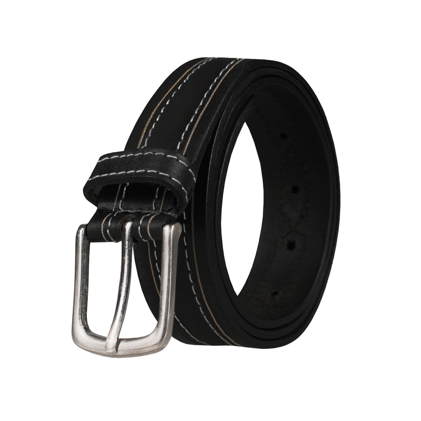Outback Unisex Full Grain Leather Belt Contrast Stitch Stainless Steel - Buckle Detail - QHA UK