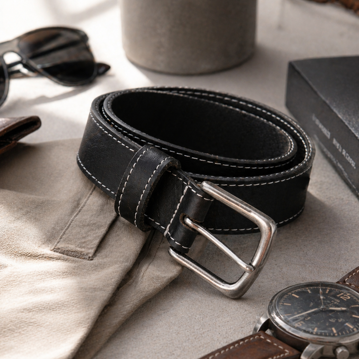 Outback Unisex Full Grain Leather Belt Contrast Stitch Stainless Steel - Texture Detail - QHA UK