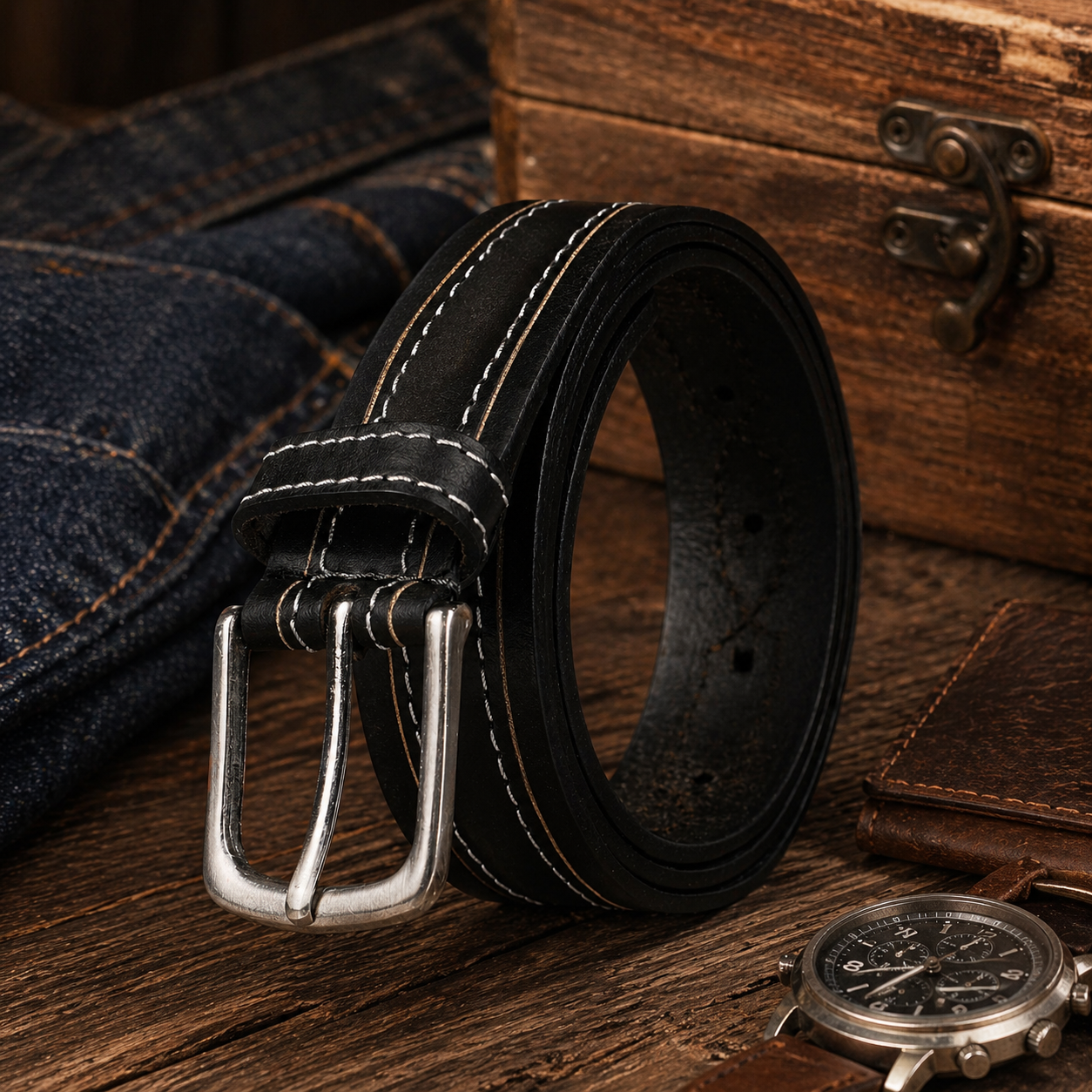 Outback Unisex Full Grain Leather Belt Contrast Stitch Stainless Steel - Texture Detail - QHA UK