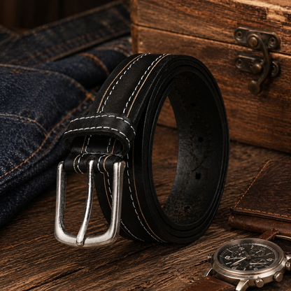 Outback Unisex Full Grain Leather Belt Contrast Stitch Stainless Steel - Texture Detail - QHA UK