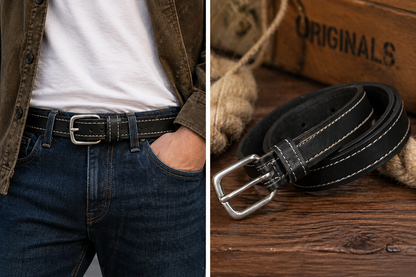Outback Unisex Full Grain Leather Belt Contrast Stitch Stainless Steel - Texture Detail - QHA UK