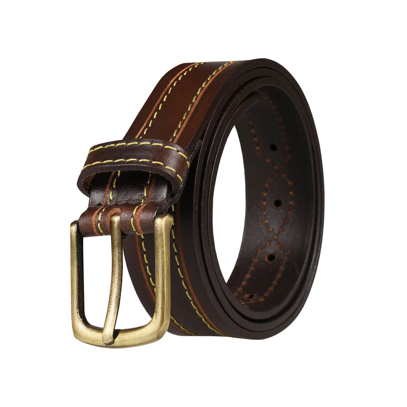 Outback Unisex Full Grain Leather Belt Contrast Stitch Stainless Steel - Texture Detail - QHA UK
