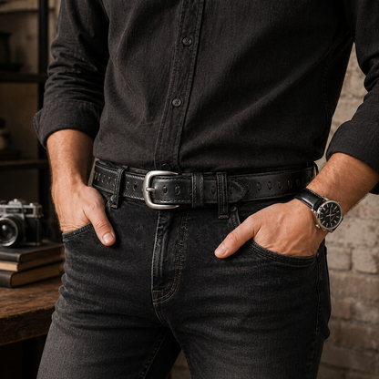 Outback Unisex Full Grain Leather Belt Straight Stitch Stainless Steel - Texture Detail - QHA UK