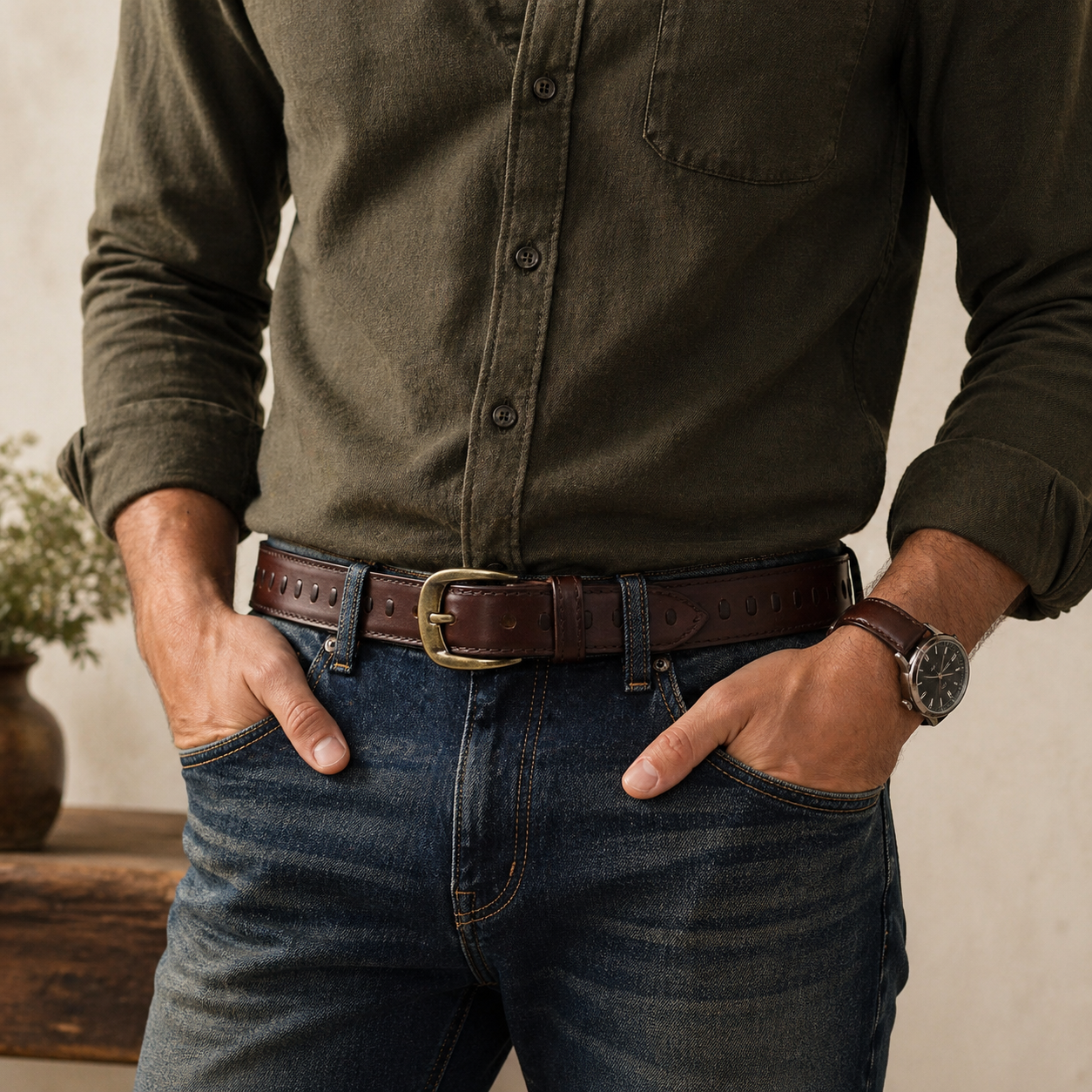 Outback Unisex Full Grain Leather Belt Straight Stitch Stainless Steel - Texture Detail - QHA UK