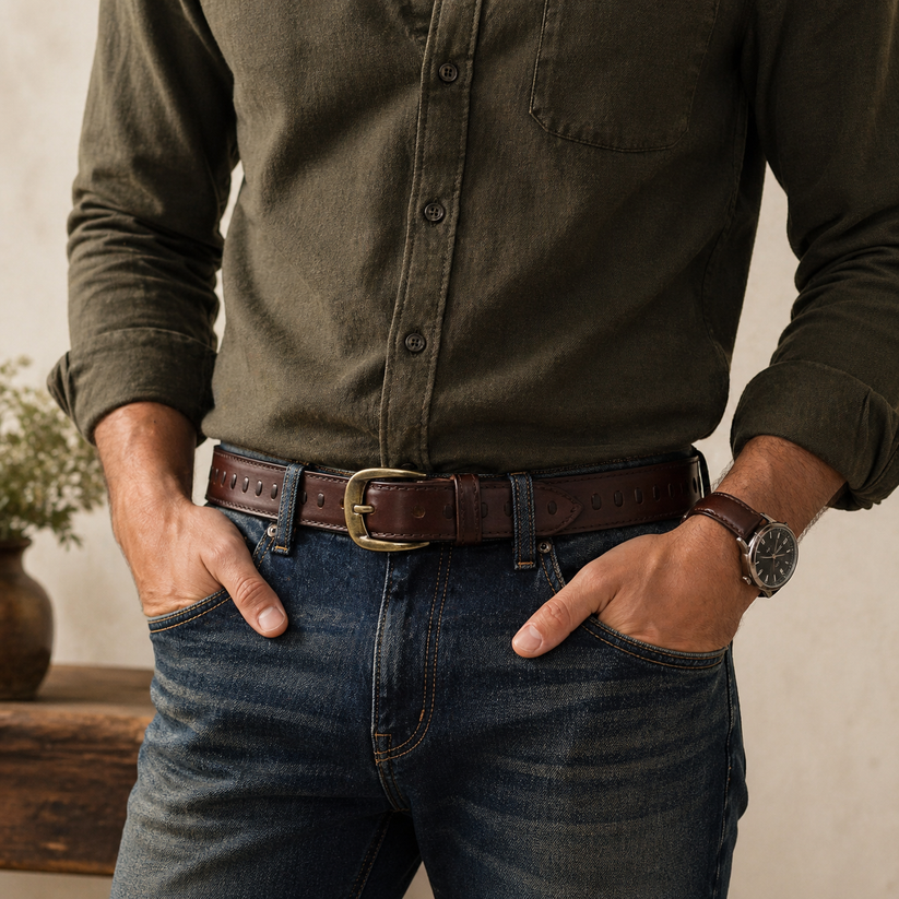 Outback Unisex Full Grain Leather Belt Straight Stitch Stainless Steel - Texture Detail - QHA UK