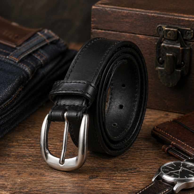 Outback Unisex Full Grain Leather Belt Straight Stitch Stainless Steel - Texture Detail - QHA UK