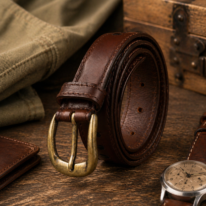 Outback Unisex Full Grain Leather Belt Straight Stitch Stainless Steel - Texture Detail - QHA UK
