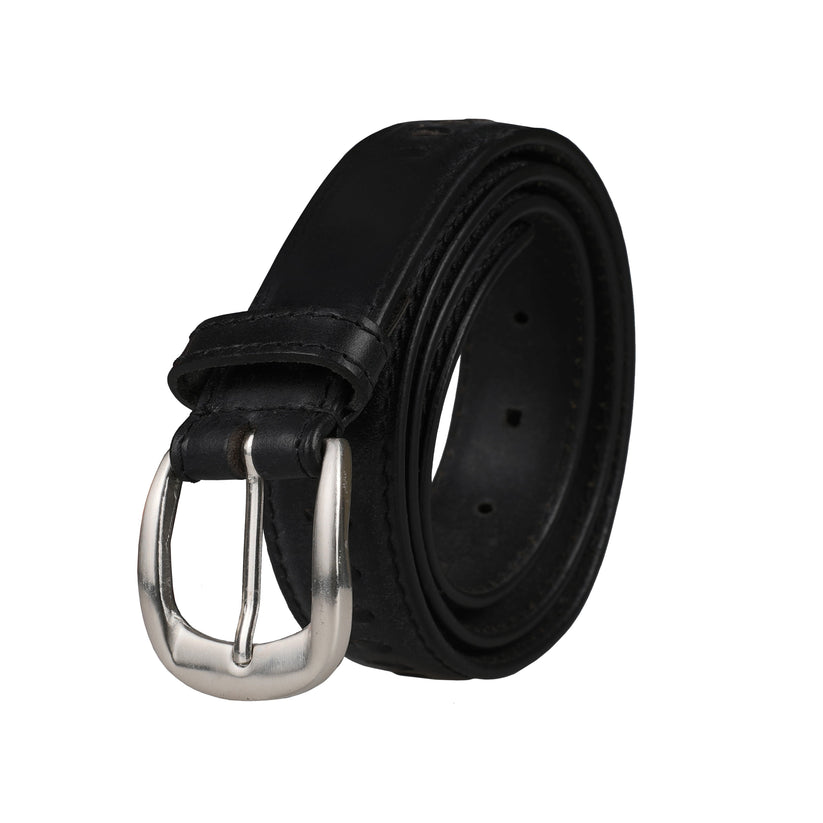 Outback Unisex Full Grain Leather Belt Straight Stitch Stainless Steel - Buckle Detail - QHA UK