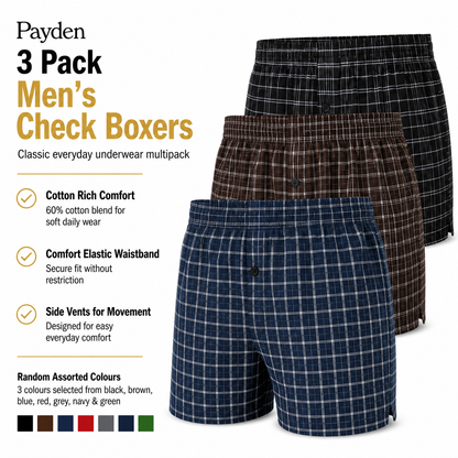 Payden Mens 3 Pack Check Boxer Shorts Cotton Rich Underwear S-2XL - QHA UK