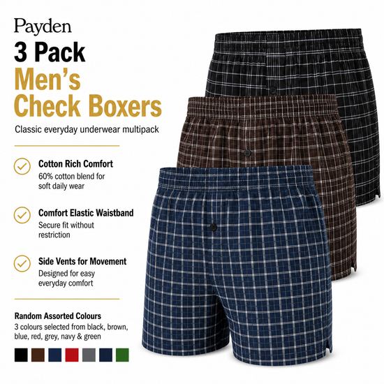 Payden Mens 3 Pack Check Boxer Shorts Cotton Rich Underwear S-2XL - QHA UK