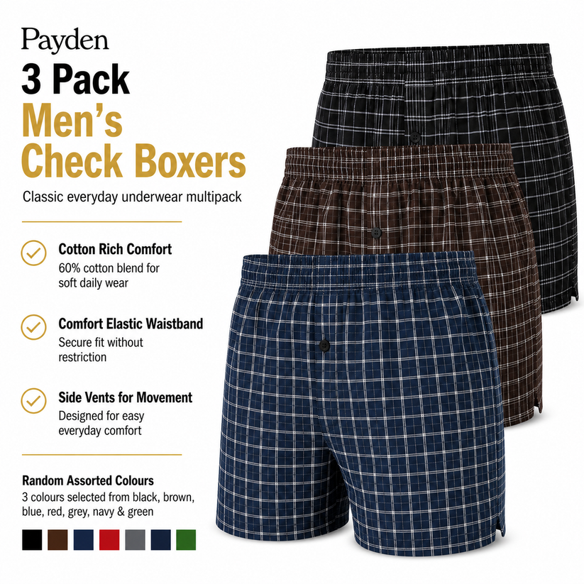 Payden Mens 3 Pack Check Boxer Shorts Cotton Rich Underwear S-2XL - QHA UK