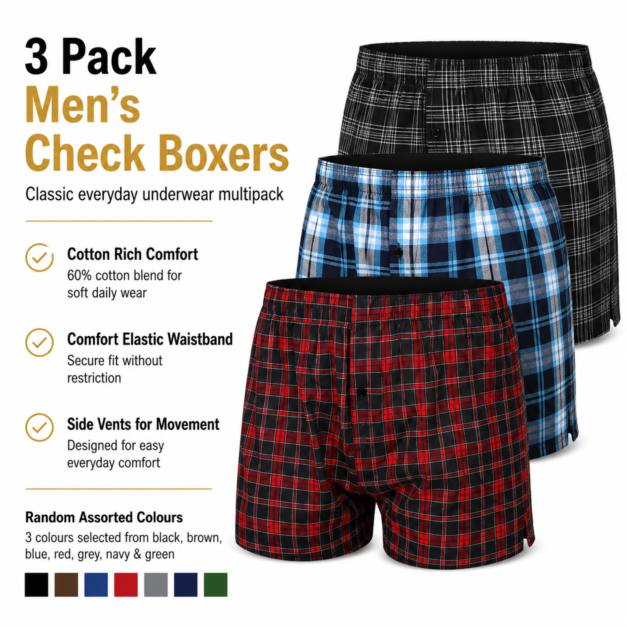 Payden Mens 3 Pack Check Boxer Shorts Cotton Rich Underwear S-2XL - QHA UK
