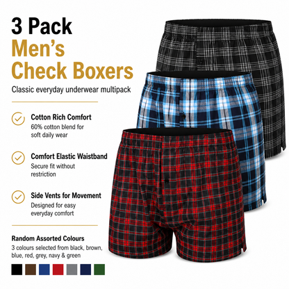 Payden Mens 3 Pack Check Boxer Shorts Cotton Rich Underwear S-2XL - QHA UK