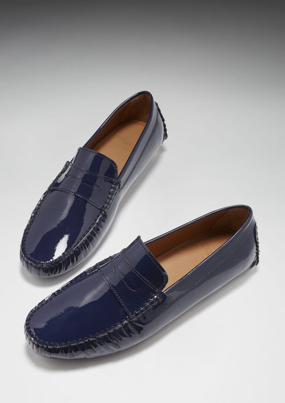 Hugs & Co Mens Penny Driving Loafers Navy Blue Patent Leather UK 7-14 - QHA UK