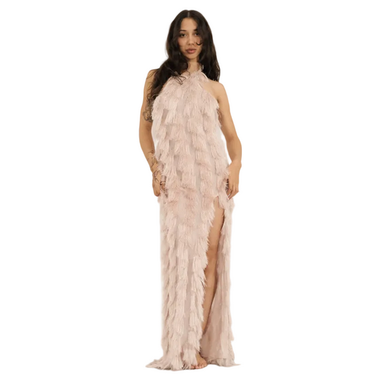 Ensogirl Pink Fringe Mesh Backless Halter Maxi Dress | Sizes 4–18 | QHA UK - QHA UK