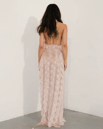 Ensogirl Pink Fringe Mesh Backless Halter Maxi Dress | Sizes 4–18 | QHA UK - QHA UK
