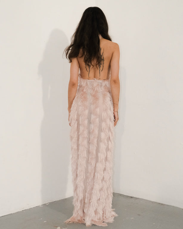 Ensogirl Pink Fringe Mesh Backless Halter Maxi Dress | Sizes 4–18 | QHA UK - QHA UK