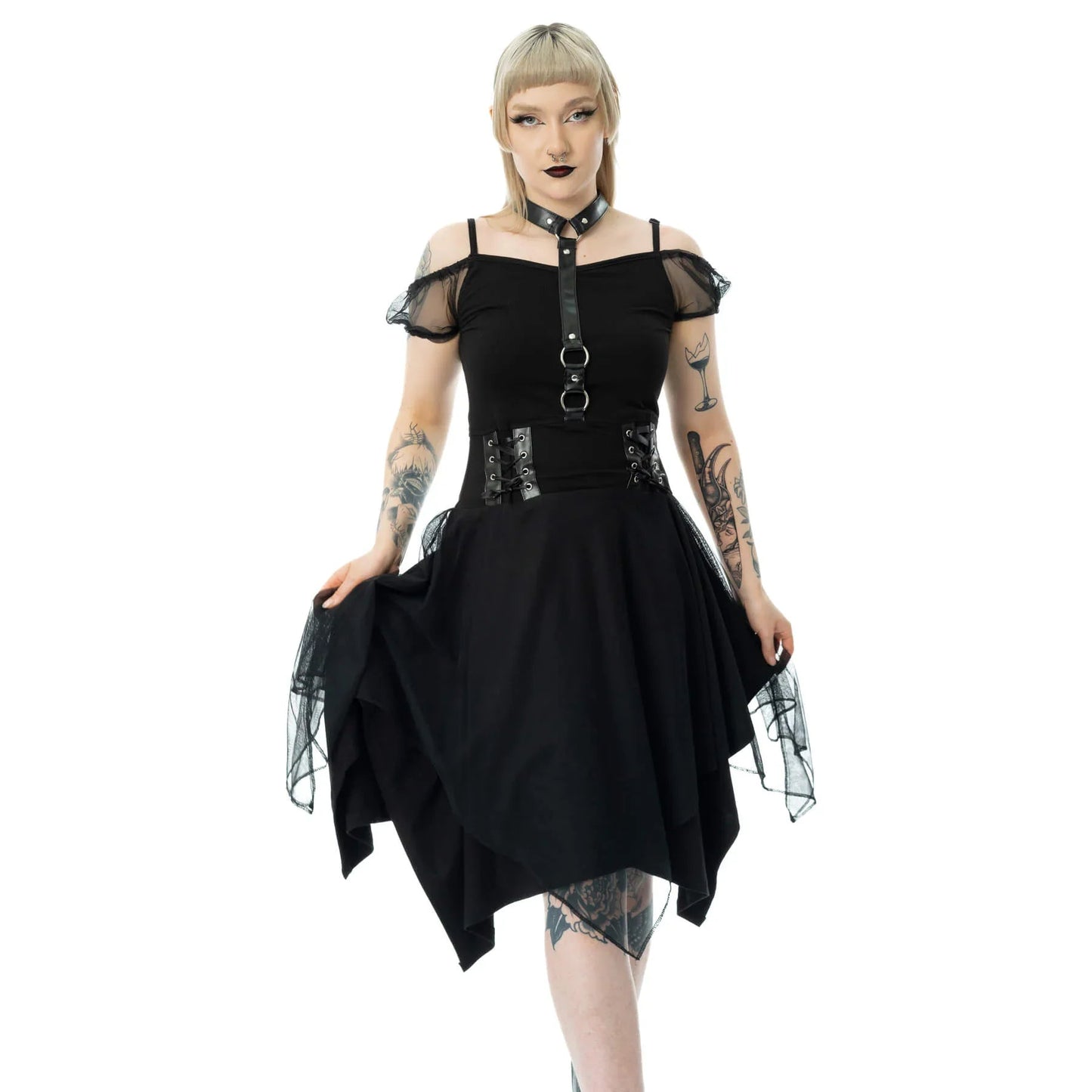 Poizen Industries Gothic Mini Dress Banshee Cold Shoulder Mesh - QHA UK