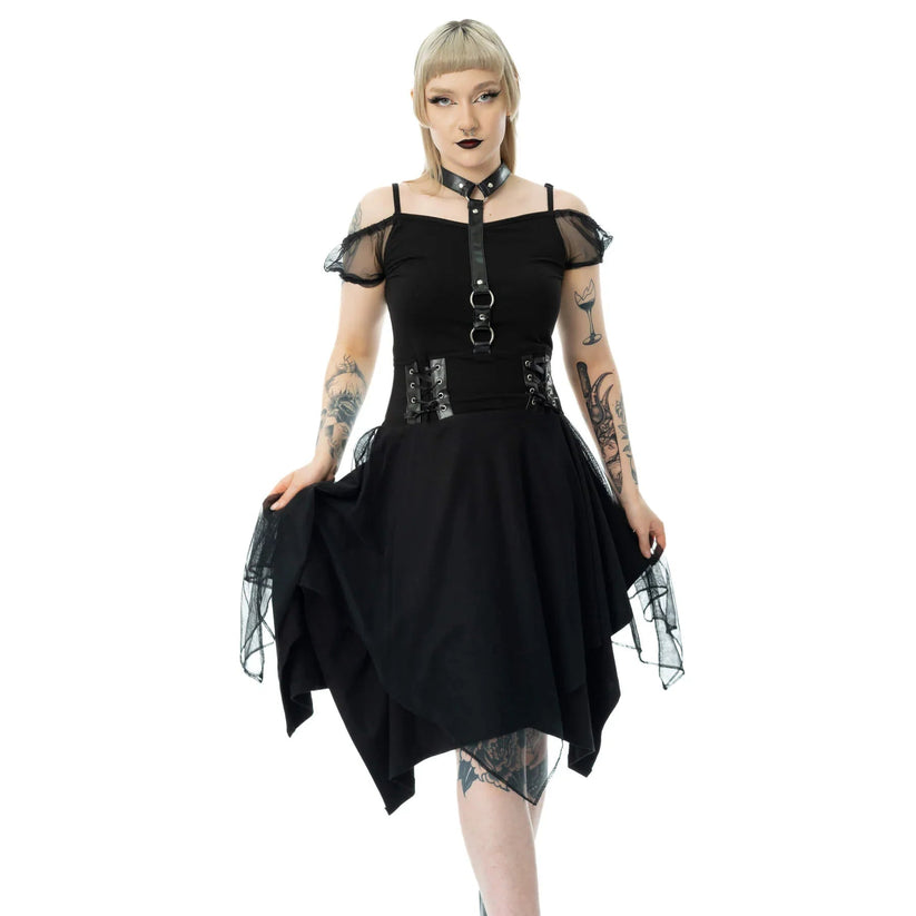 Poizen Industries Gothic Mini Dress Banshee Cold Shoulder Mesh - QHA UK