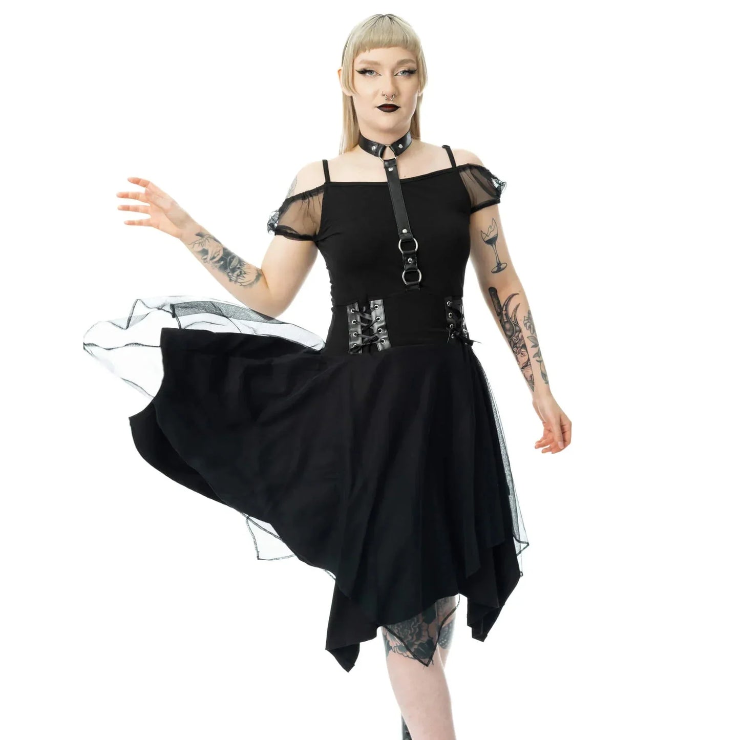 Poizen Industries Gothic Mini Dress Banshee Cold Shoulder Mesh - QHA UK