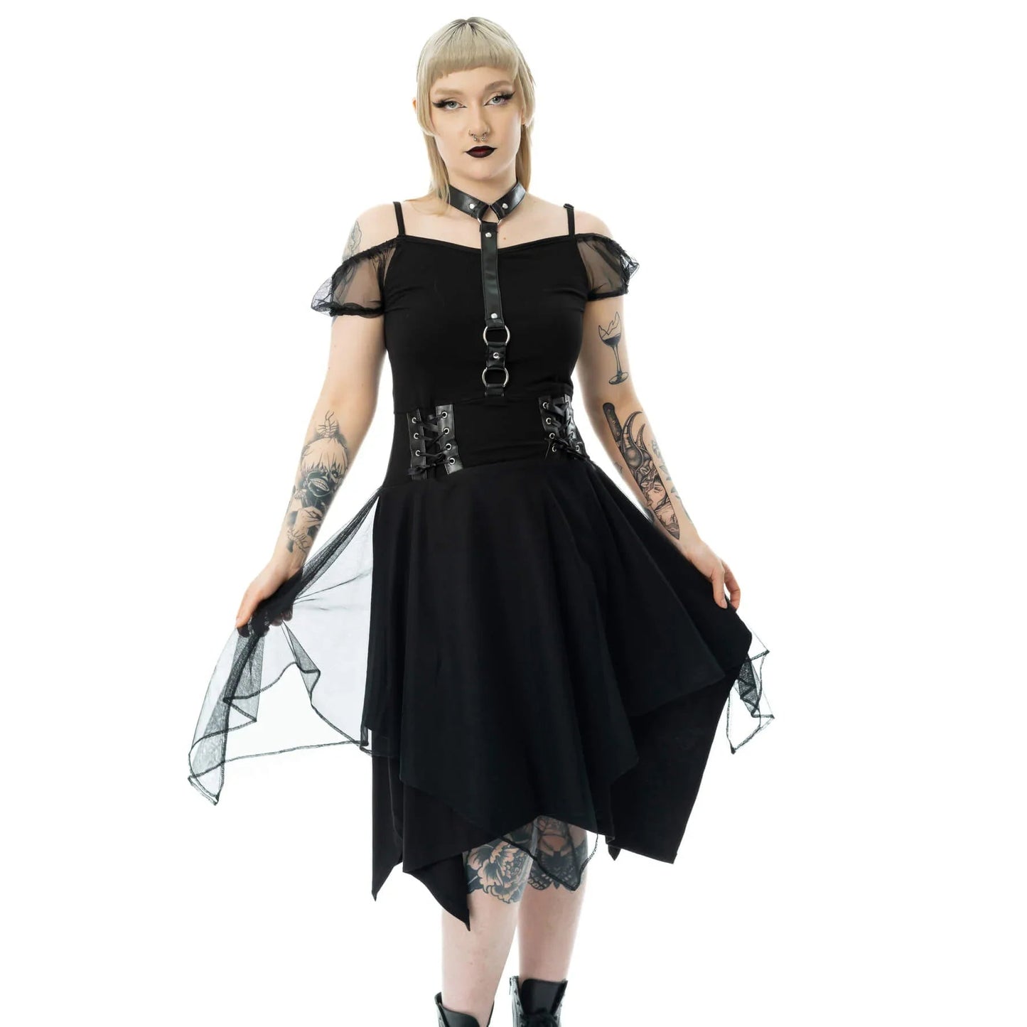 Poizen Industries Gothic Mini Dress Banshee Cold Shoulder Mesh - QHA UK
