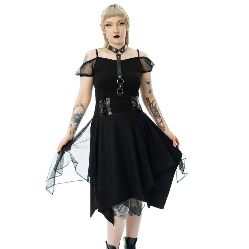 Poizen Industries Gothic Mini Dress Banshee Cold Shoulder Mesh - QHA UK