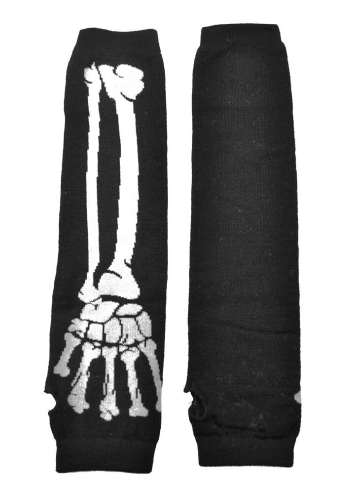 Poizen Industries Gothic Arm Warmers Bone Skeleton Print Thumb Holes - QHA UK