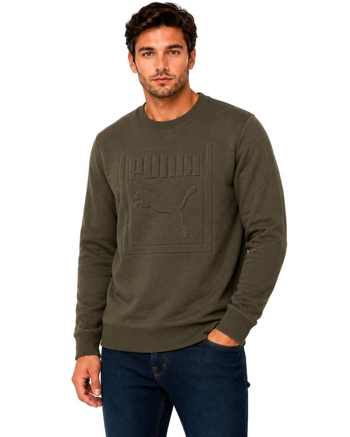 Puma Mens Archive Embossed Logo Crew Sweatshirt Olive Night 573306 | Q - QHA UK