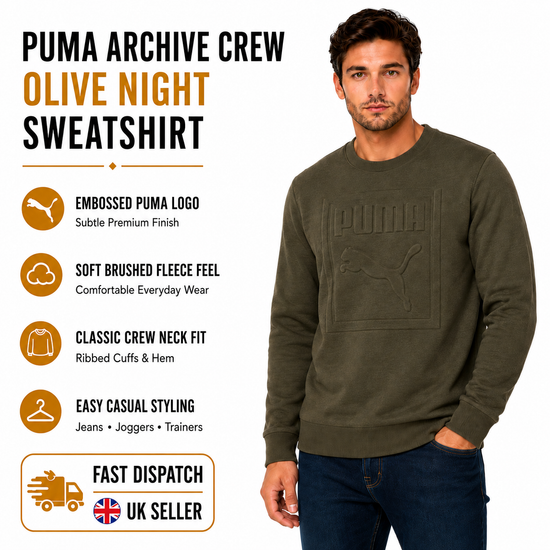 Puma Mens Archive Embossed Logo Crew Sweatshirt Olive Night 573306 | Q - Logo Detail - QHA UK