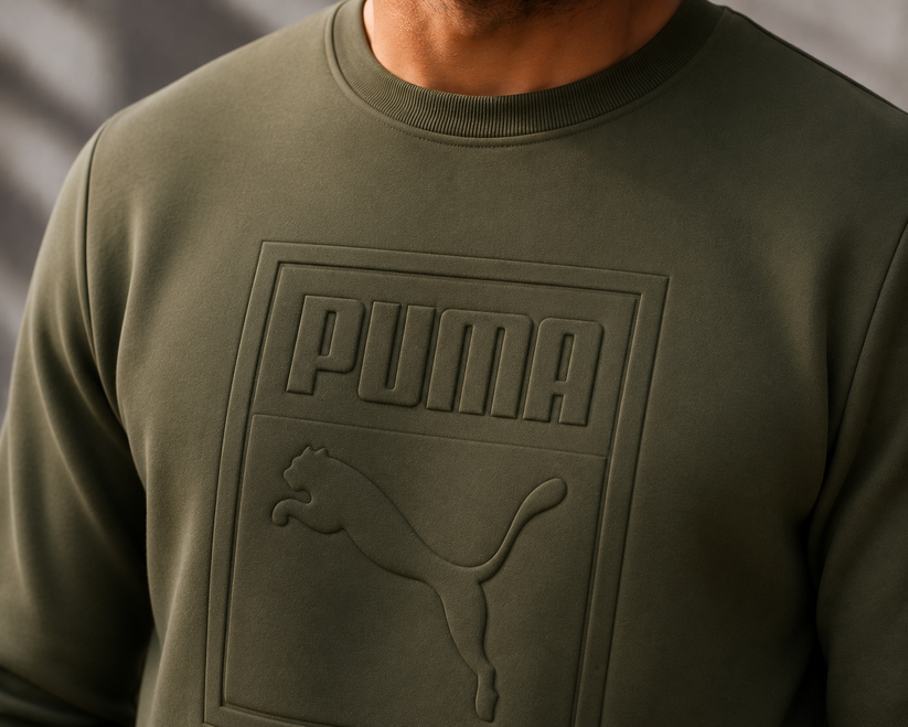 Puma Mens Archive Embossed Logo Crew Sweatshirt Olive Night 573306 | Q - Logo Detail - QHA UK