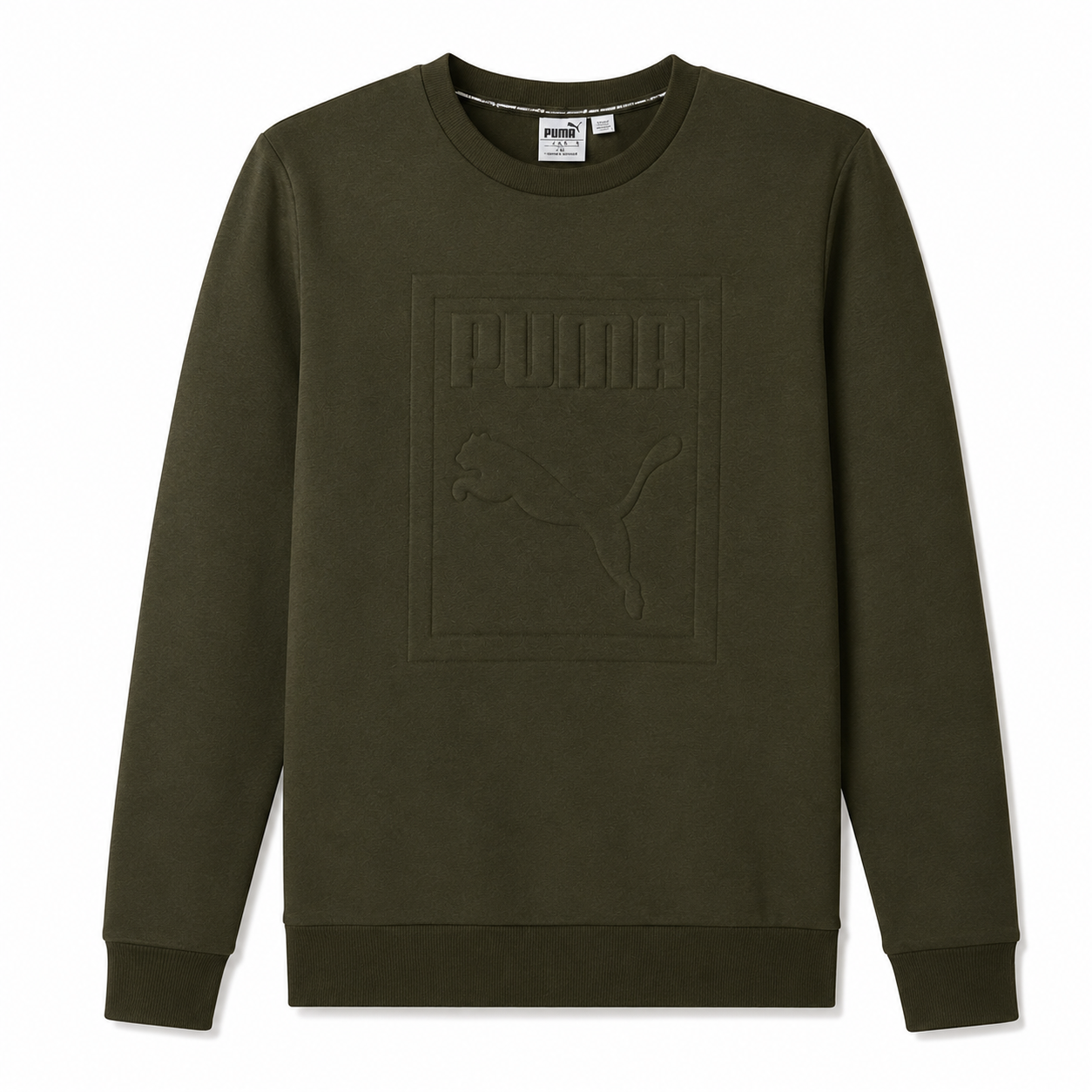 Puma Mens Archive Embossed Logo Crew Sweatshirt Olive Night 573306 | Q - Logo Detail - QHA UK