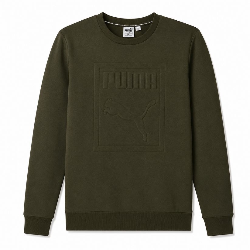 Puma Mens Archive Embossed Logo Crew Sweatshirt Olive Night 573306 | Q - Logo Detail - QHA UK