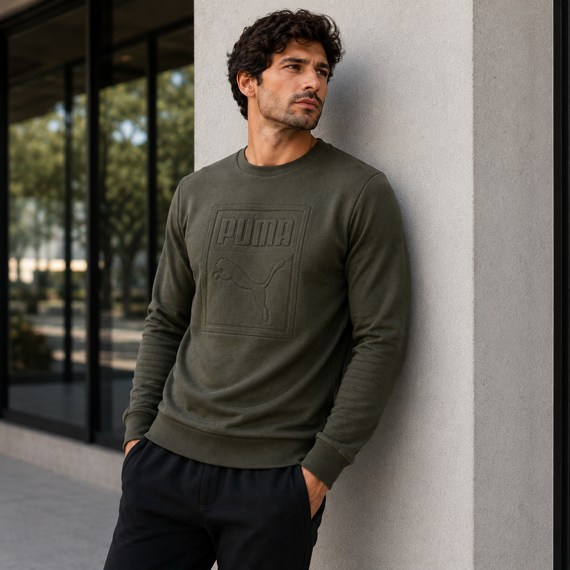 Puma Mens Archive Embossed Logo Crew Sweatshirt Olive Night 573306 | Q - Logo Detail - QHA UK