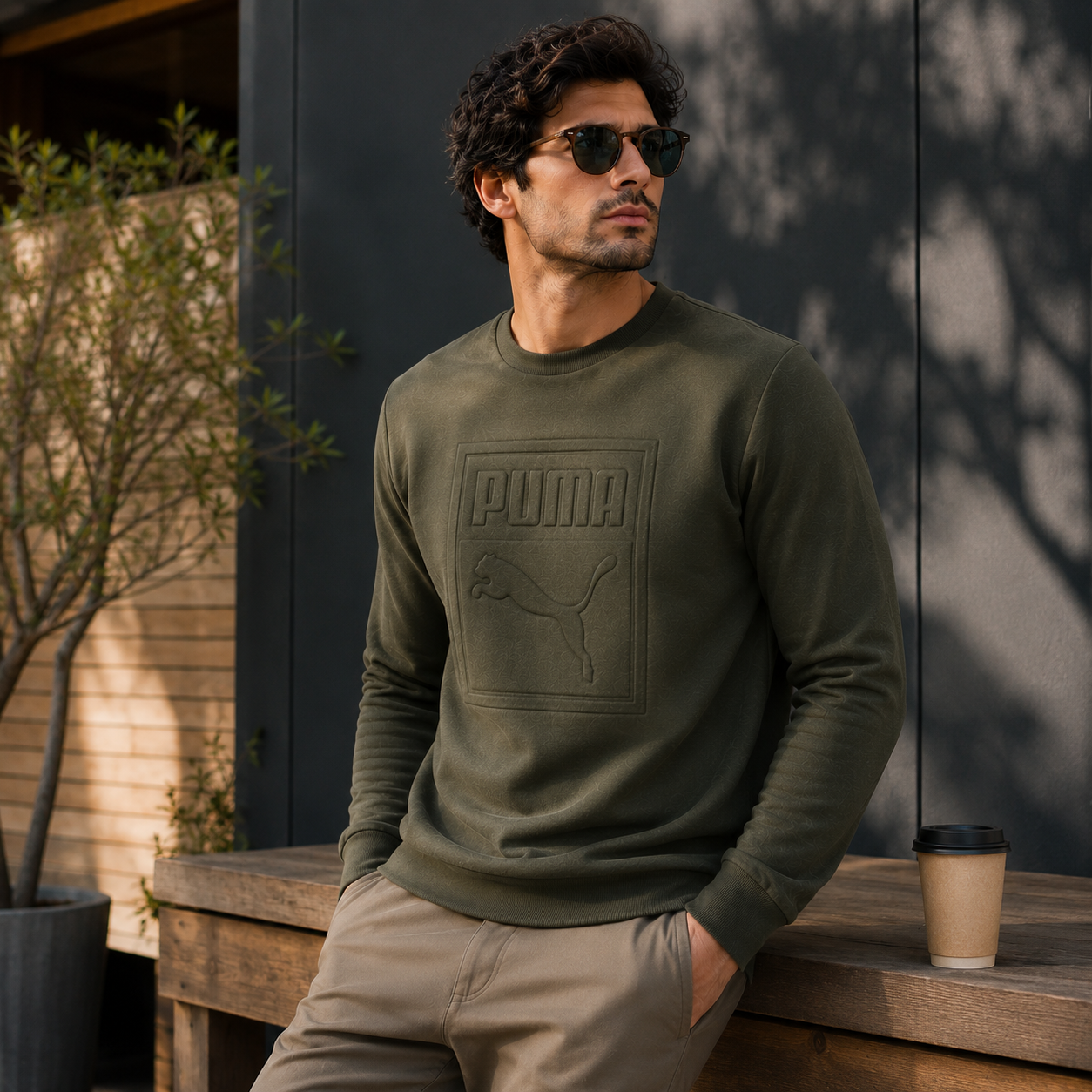 Puma Mens Archive Embossed Logo Crew Sweatshirt Olive Night 573306 | Q - Logo Detail - QHA UK