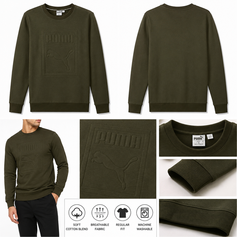 Puma Mens Archive Embossed Logo Crew Sweatshirt Olive Night 573306 | Q - Logo Detail - QHA UK