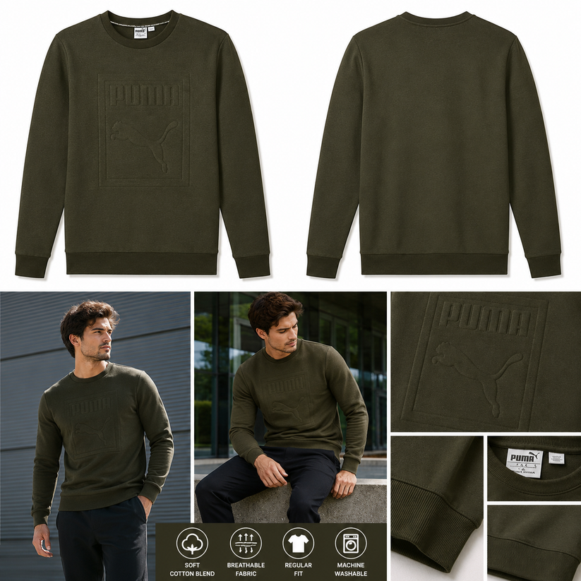 Puma Mens Archive Embossed Logo Crew Sweatshirt Olive Night 573306 | Q - Logo Detail - QHA UK