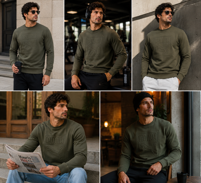 Puma Mens Archive Embossed Logo Crew Sweatshirt Olive Night 573306 | Q - Logo Detail - QHA UK