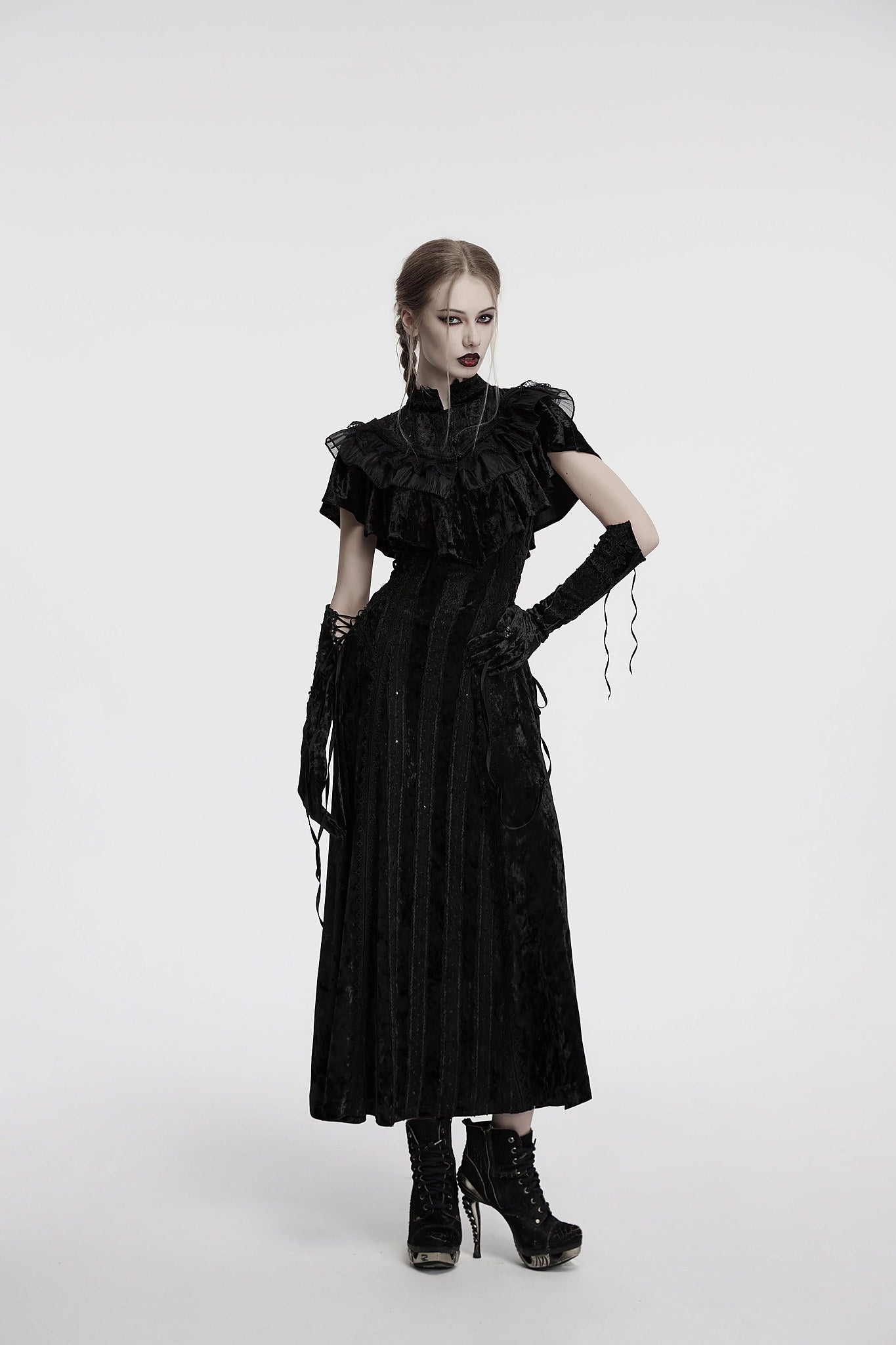 Punk Rave Gothic Shawl Elysia Velvet Ruffle Black UK 8-16 - QHA UK
