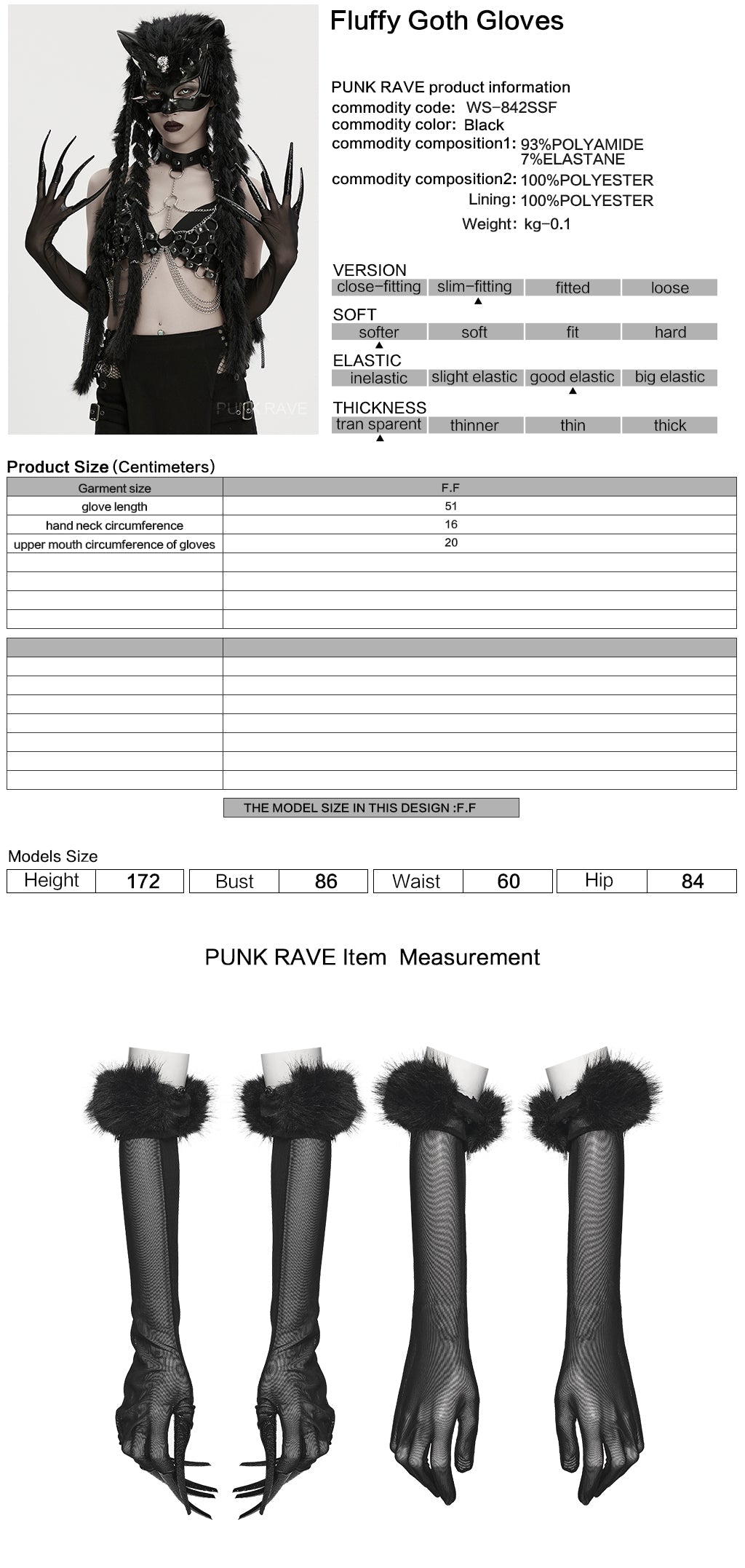 Punk Rave Gothic Gloves Fluffy Claw - QHA UK