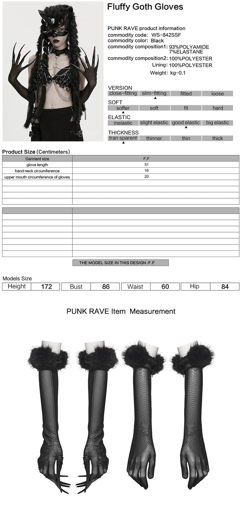 Punk Rave Gothic Gloves Fluffy Claw - QHA UK