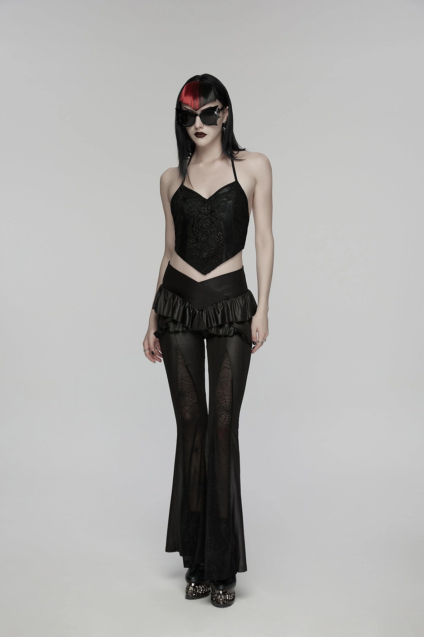Punk Rave Women's Gothic Camisole Top Embroidery and Tie Back UK 8-16 - Back View - QHA UK