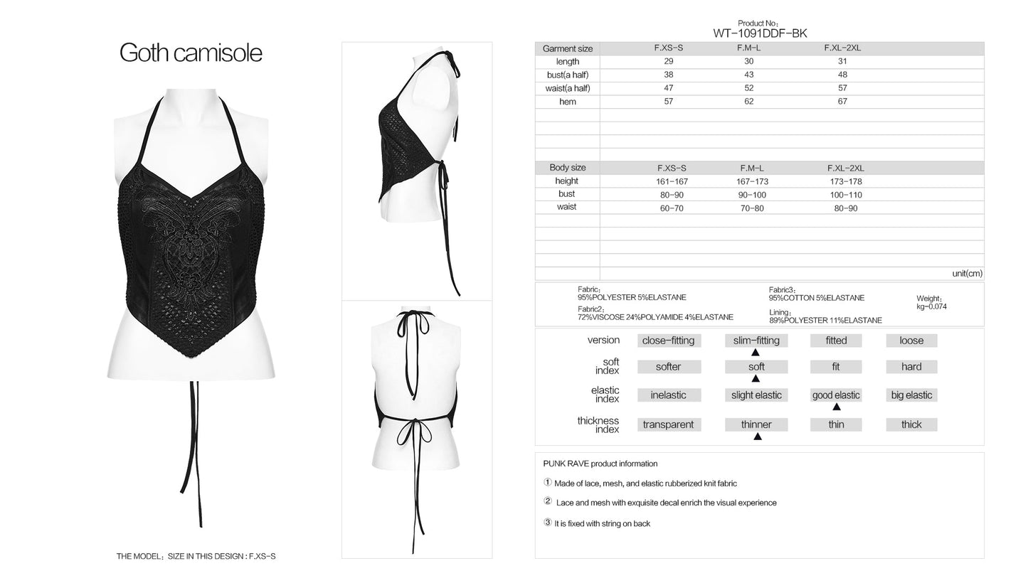 Punk Rave Women's Gothic Camisole Top Embroidery and Tie Back UK 8-16 - Back View - QHA UK