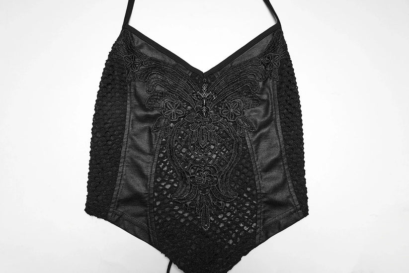 Punk Rave Women's Gothic Camisole Top Embroidery and Tie Back UK 8-16 - Back View - QHA UK