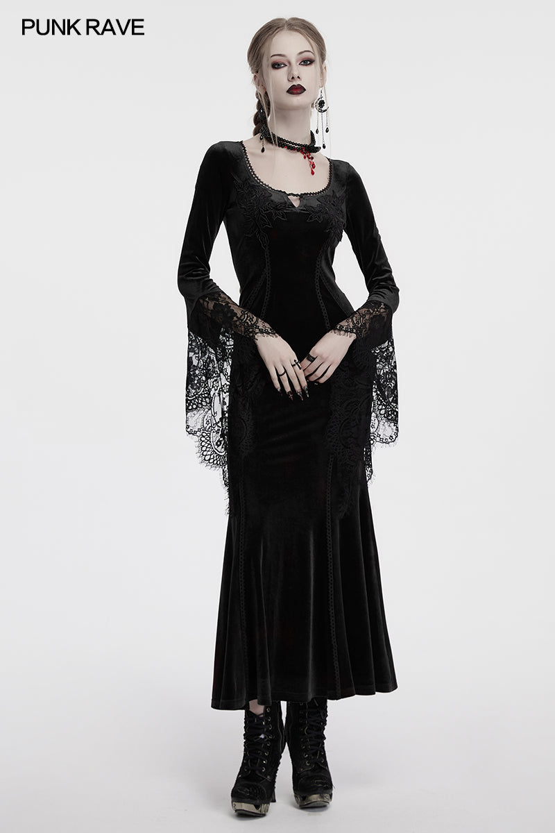 Punk Rave Dress Isolde Velvet Lace Sleeve Black UK 8-16 - QHA UK