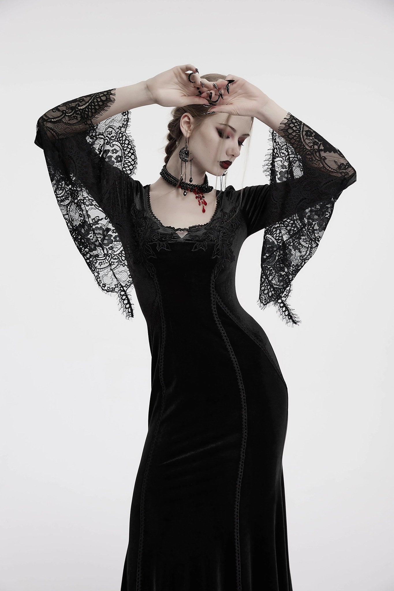 Punk Rave Dress Isolde Velvet Lace Sleeve Black UK 8-16 - Sleeve Detail - QHA UK